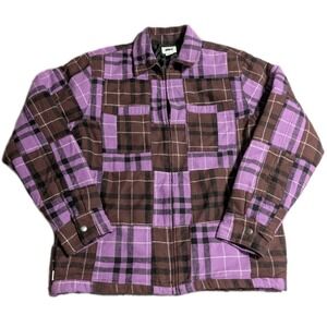 Obey Plaid Flannel Jacket Mens M Purple Brown Lined Zip Shirt Jacket Streetwear